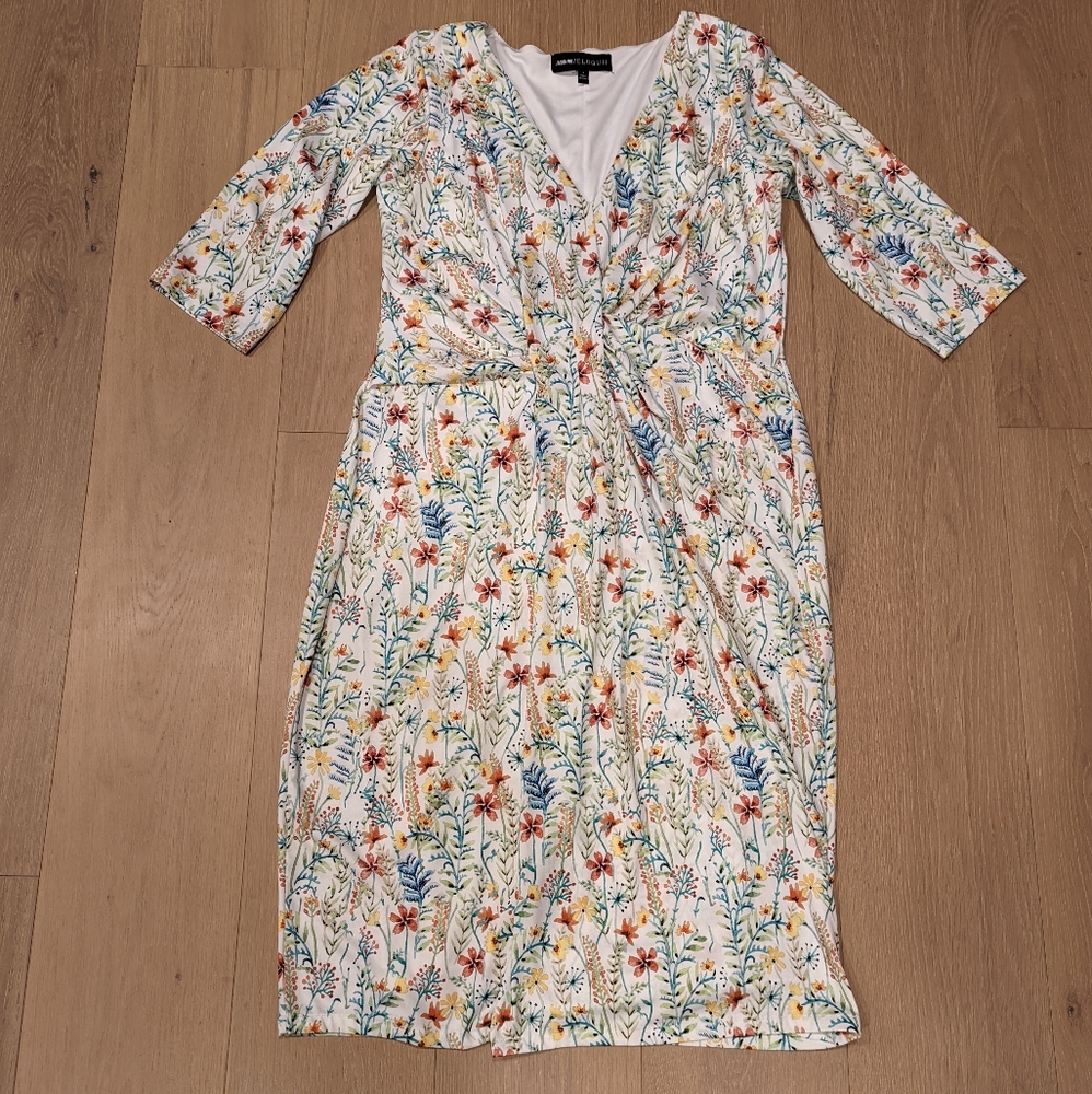 Eloquii White Floral Wrap Dress with Blue, Yellow & Red Accents